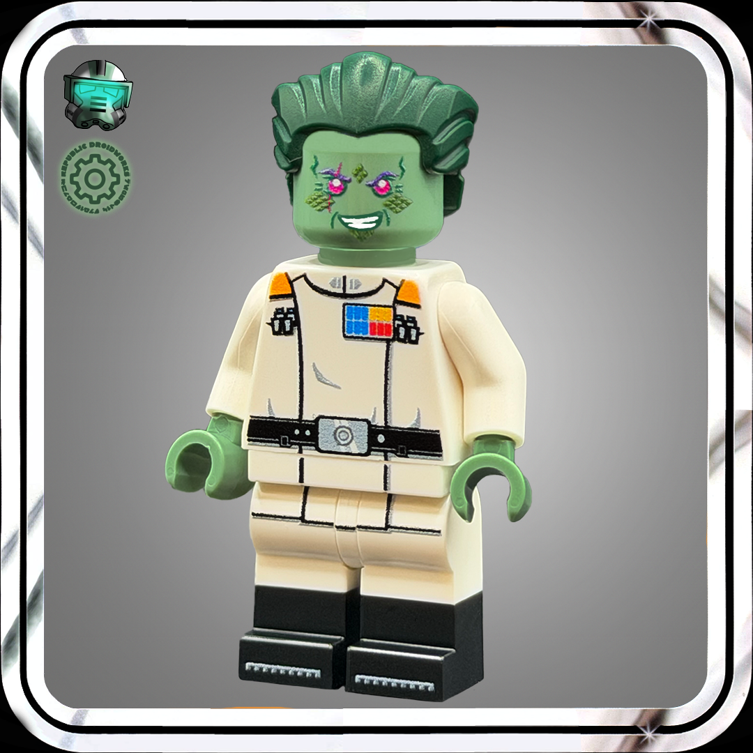 Custom LEGO mini figure with green skin and a beige outfit on a gray background