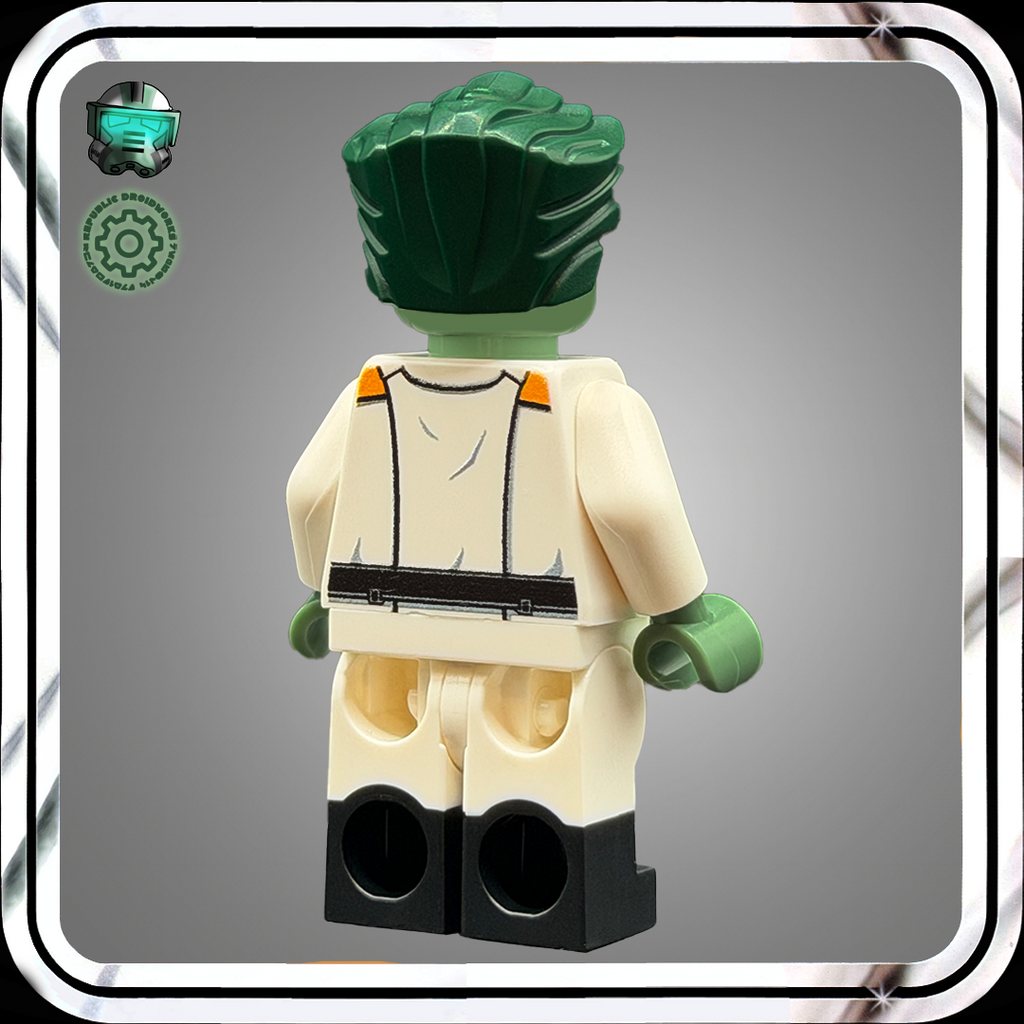 Custom LEGO figure with green hair and white outfit on a gray background