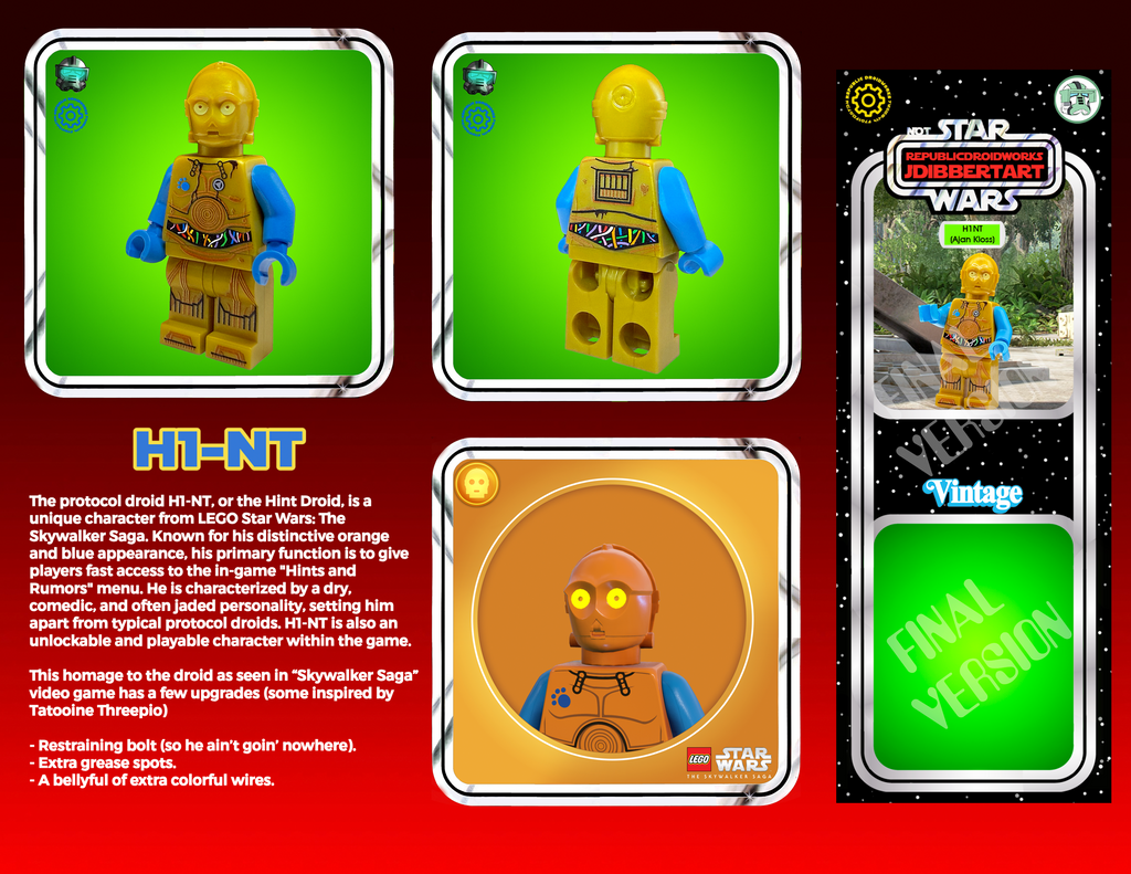 LEGO C-3PO figure packaging with multiple views and text on a red background