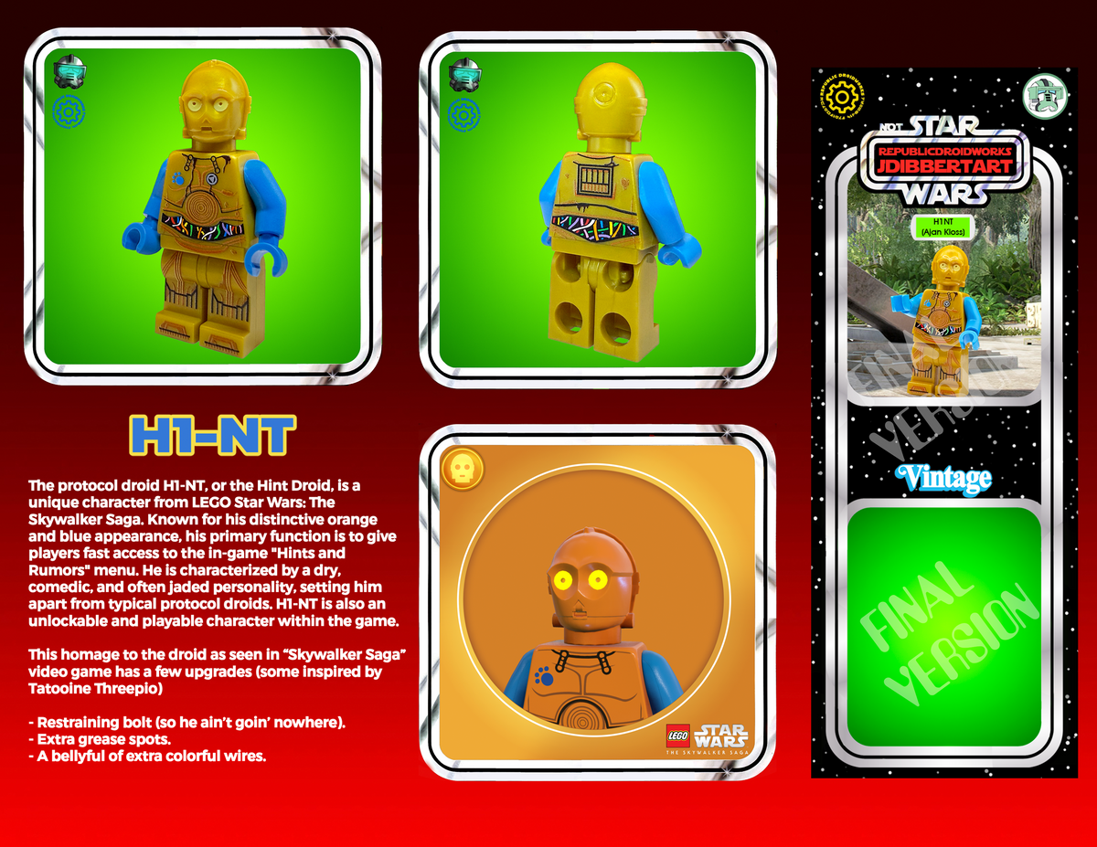 LEGO C-3PO figure packaging with multiple views and text on a red background
