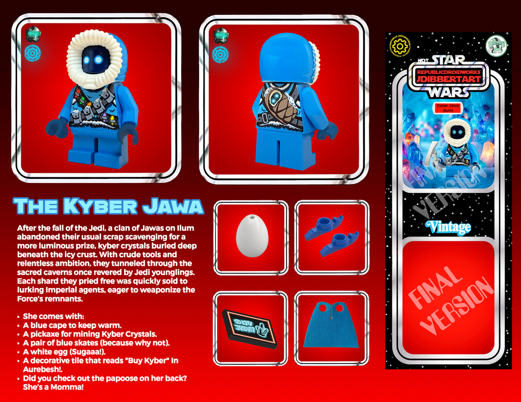 Toy packaging for 'The Kyber Jawa' from Star Wars, showing character, accessories, and text on a red background.