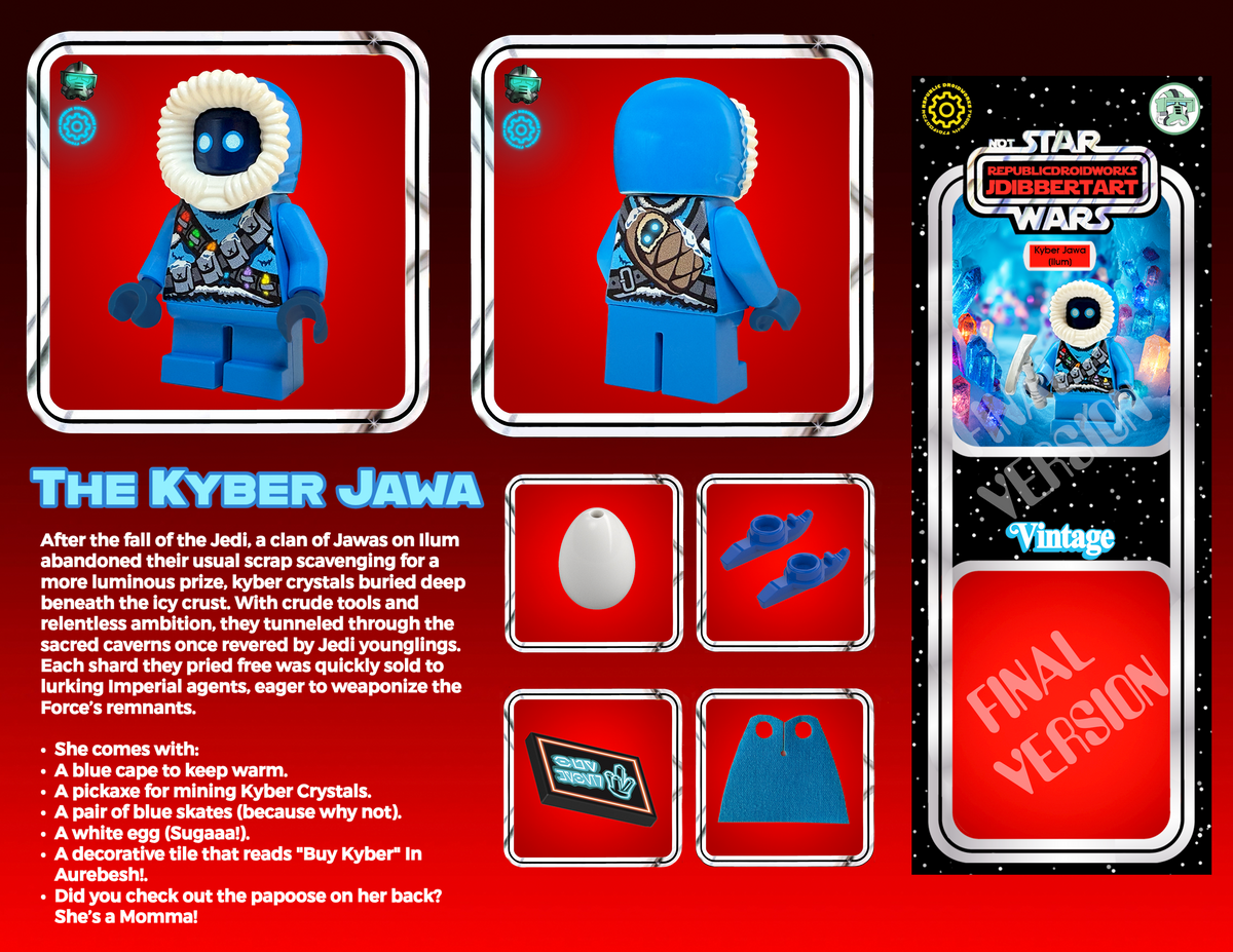 Toy packaging for 'The Kyber Jawa' from Star Wars, showing character, accessories, and text on a red background.