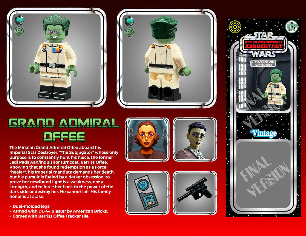 Toy figure packaging with character images and text on a red background