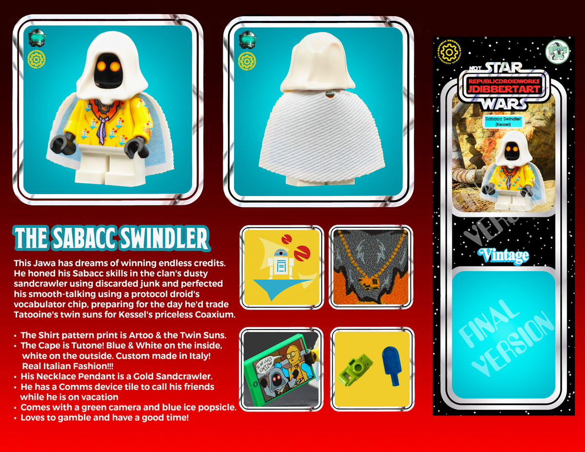 Product packaging for a toy figure of The Sabacc Swindler from Star Wars, showing front and back views with details. Inspired by Lando Calrissian at the end of the Han solo movie.