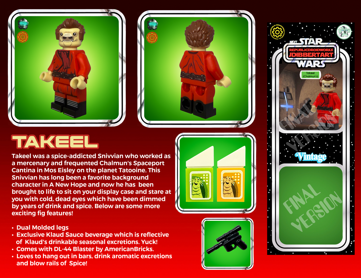 Takeel figure packaging with character details and images on a red background