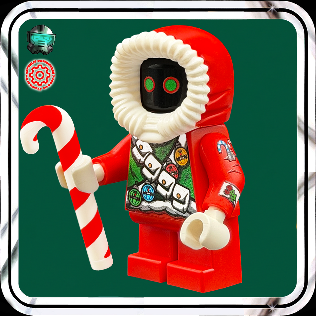 Toy figure in a red outfit with a candy cane on a green background