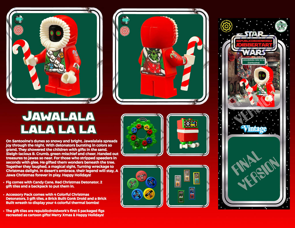 Toy packaging with Christmas-themed figures and text on a red background