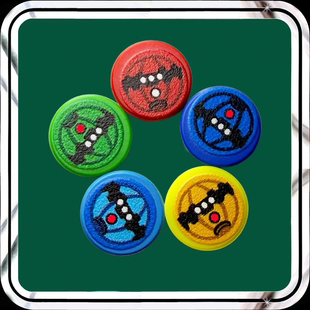 Set of colorful thermal detonators with a central design on a green background