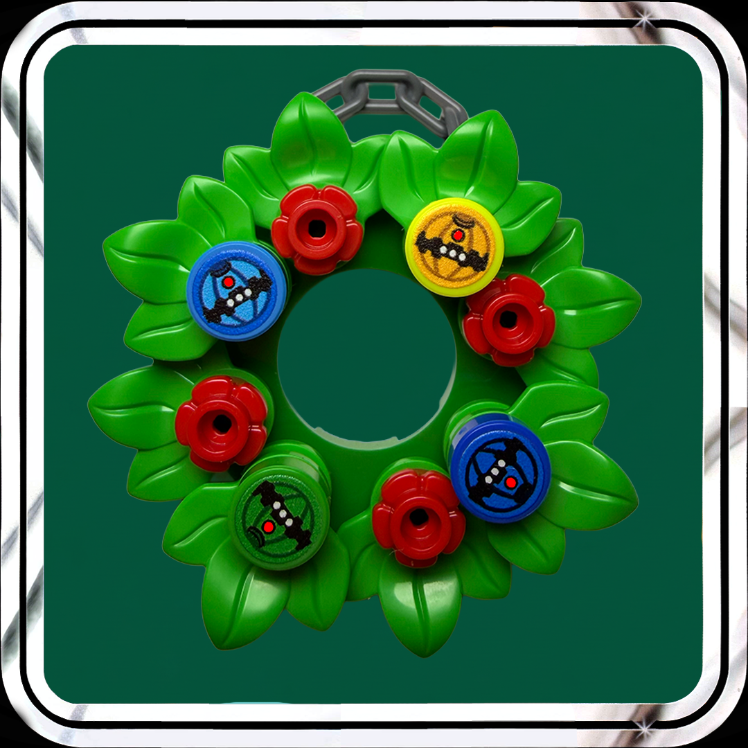 Toy wreath with colorful thermal detonators on a green background