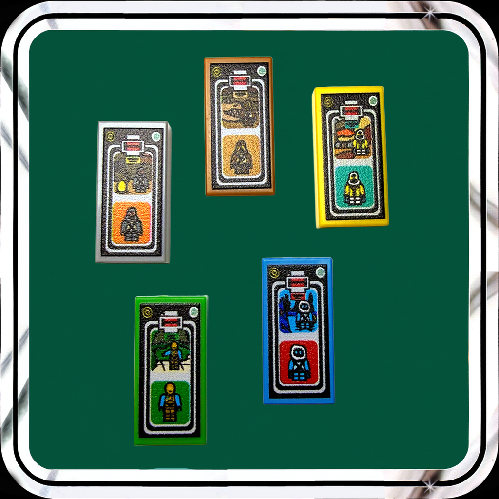 Set of six small rectangular cards with different designs on a green background