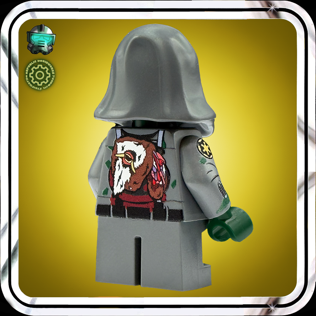 Custom lego minifigure with return of the Jedi Easter egg design on a yellow background