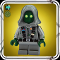 Custom lego minifigure with a gray hood and green eyes on a yellow background