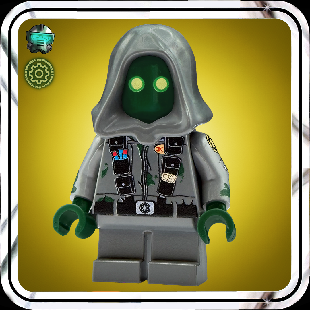 Custom lego minifigure with a gray hood and green eyes on a yellow background