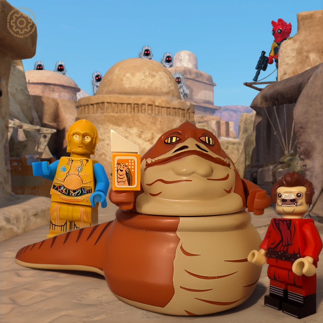 Toy figures of a character in yellow outfit, Graballa The Hutt, and Takeel on a desert landscape.