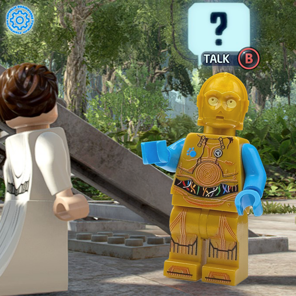 LEGO figure of a character with a question mark above, standing next to another figure in a forest setting.