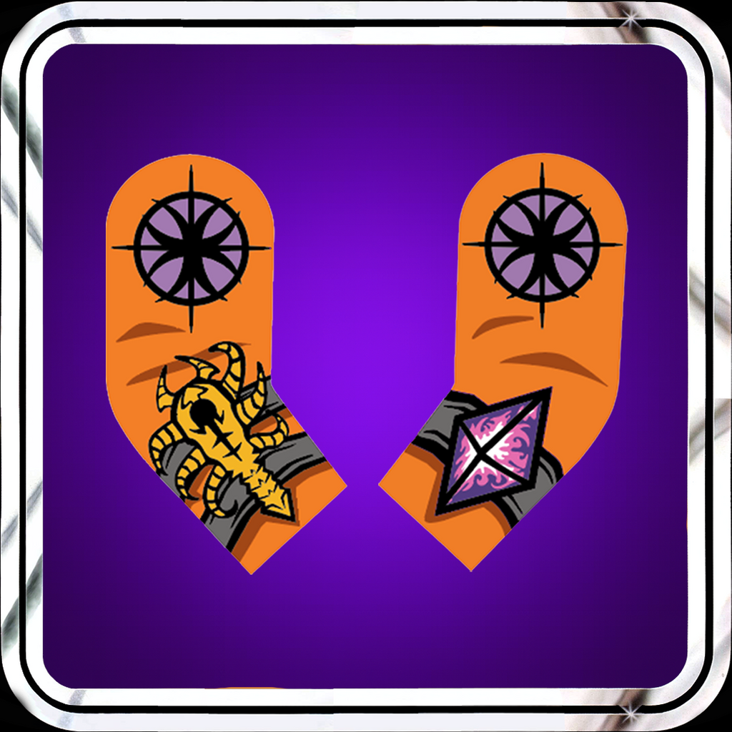 Orange arm prints with sith artifact designs on a purple background.