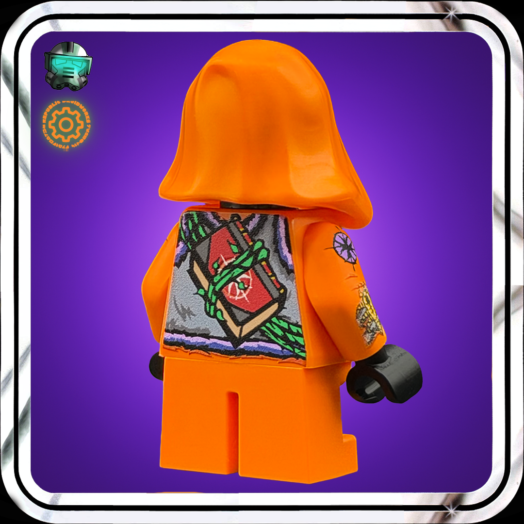 Orange hooded custom lego minifigure with a colorful back design on a purple background