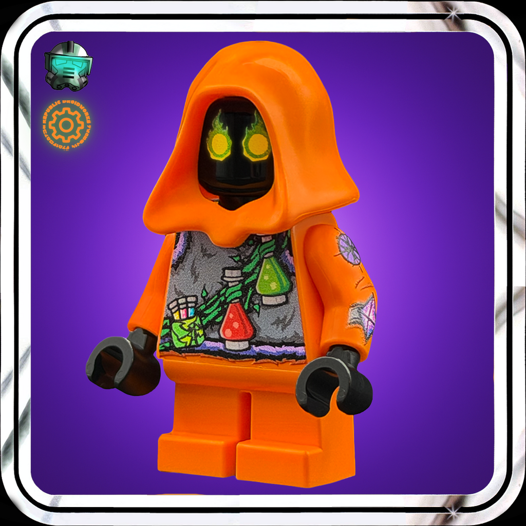 LEGO minifigure with an orange hood and colorful shirt on a purple background