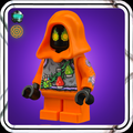LEGO minifigure with an orange hood and colorful shirt on a purple background