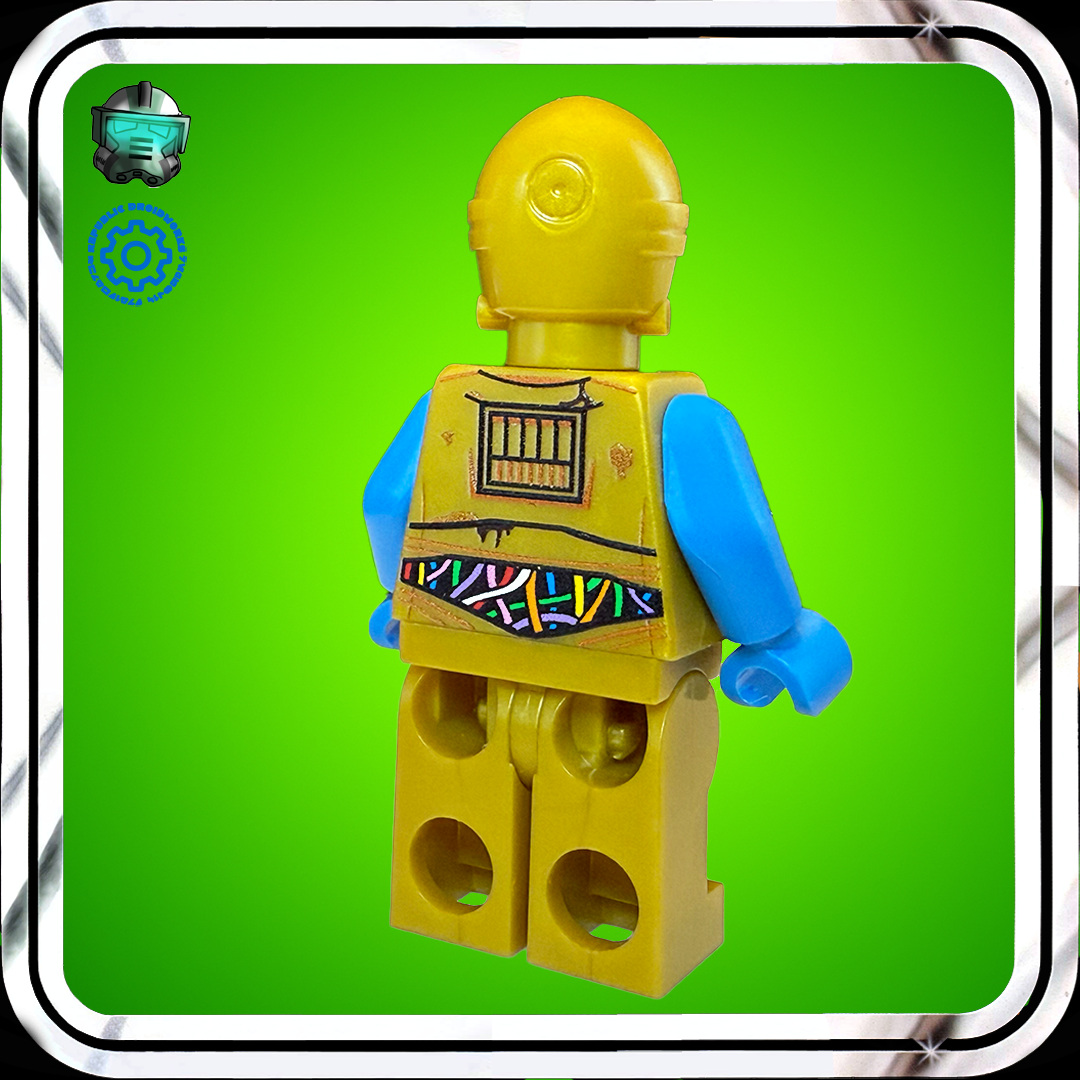 Yellow robot figure with blue arms on a green background