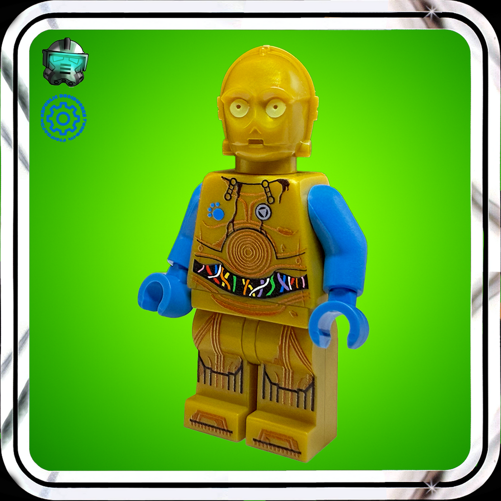 LEGO figure with a yellow and blue design on a green background