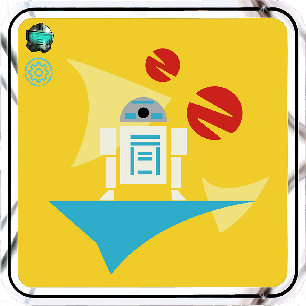 Illustration of a robot on a yellow background with red circles and blue triangle. Shirt pattern design reminiscent of Lando Calrissian at the end of the Han solo movie.