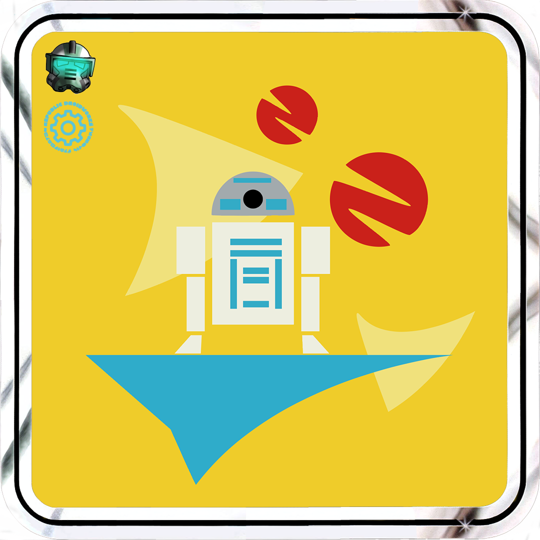 Illustration of a robot on a yellow background with red circles and blue triangle. Shirt pattern design reminiscent of Lando Calrissian at the end of the Han solo movie.