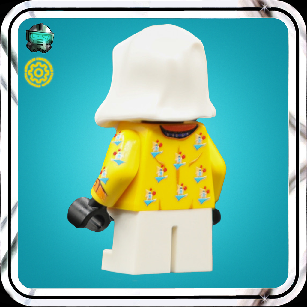 Lego Jawa minifigure with a white hood and yellow jacket on a blue background. Inspired by Lando Calrissian at the end of the Han solo movie.