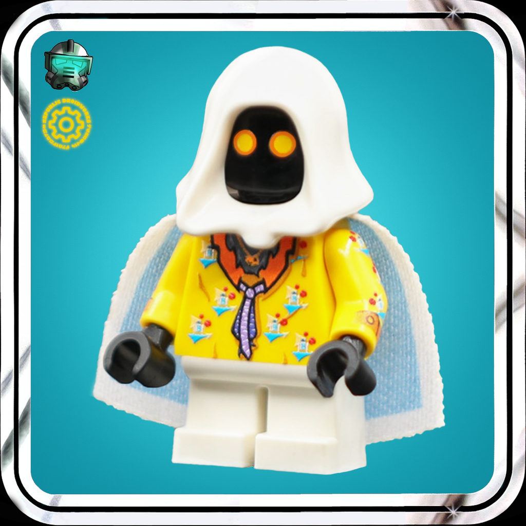 Lego minifigure with a white hood and yellow jacket on a blue background. Inspired by Lando Calrissian at the end of the Han solo movie.