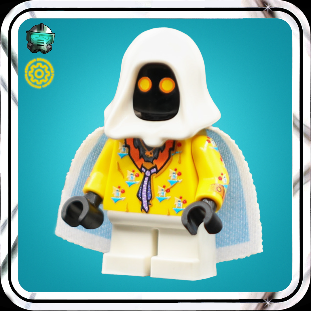 Lego minifigure with a white hood and yellow jacket on a blue background. Inspired by Lando Calrissian at the end of the Han solo movie.