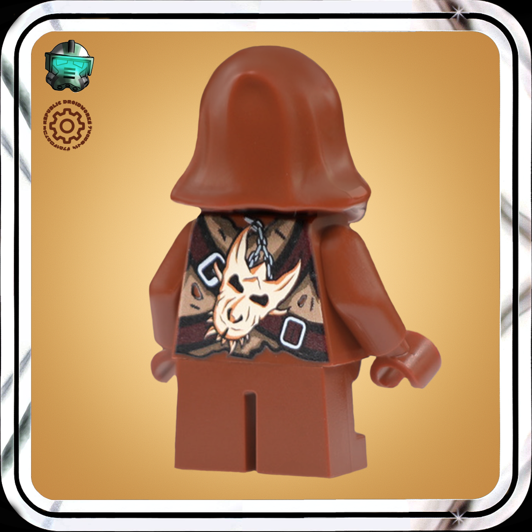 Brown hooded figure with a decorative vest on a gold background. Kraft Dragon Skull on the back torso.