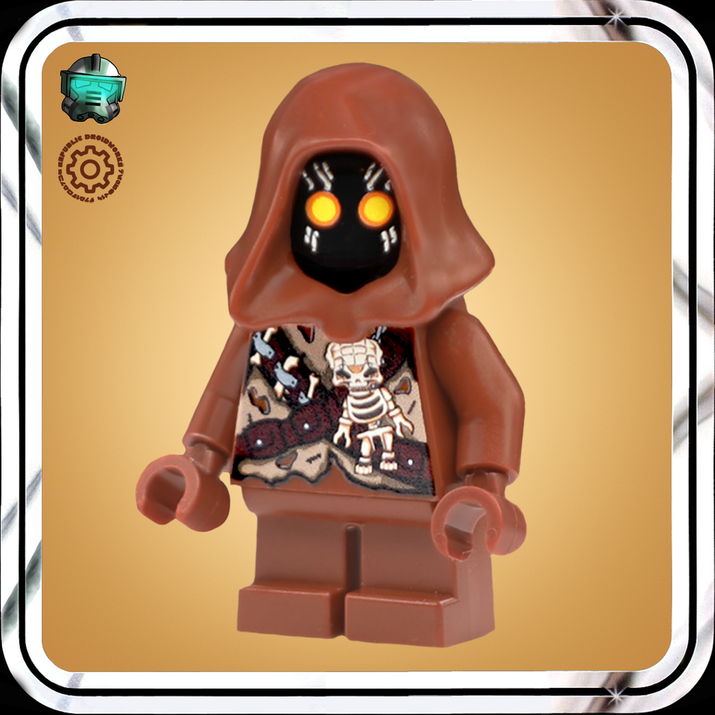 LEGO minifigure with a brown hood and glowing eyes on a gold background. Warrior trophy hunter with Grogu skeleton on chest.