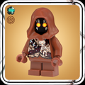 LEGO minifigure with a brown hood and glowing eyes on a gold background. Warrior trophy hunter with Grogu skeleton on chest.