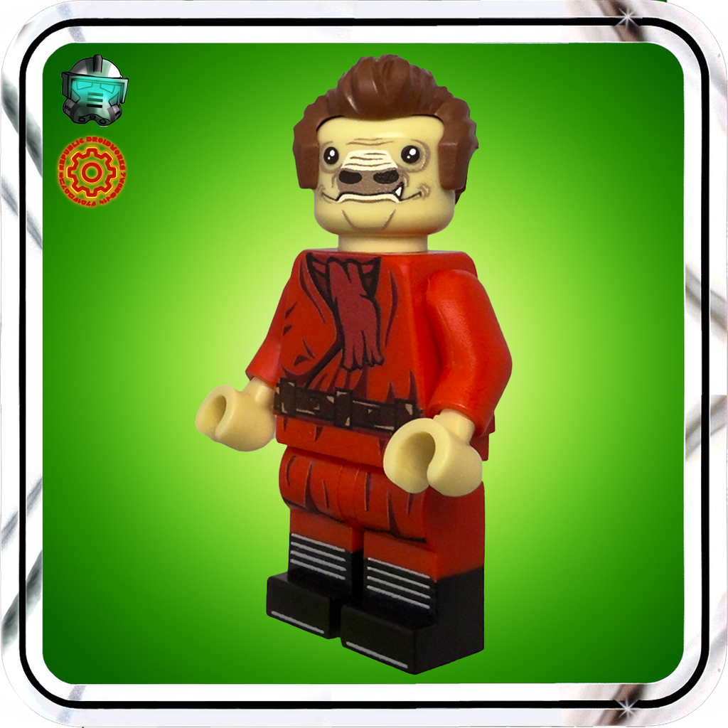LEGO figure in red outfit on a green background