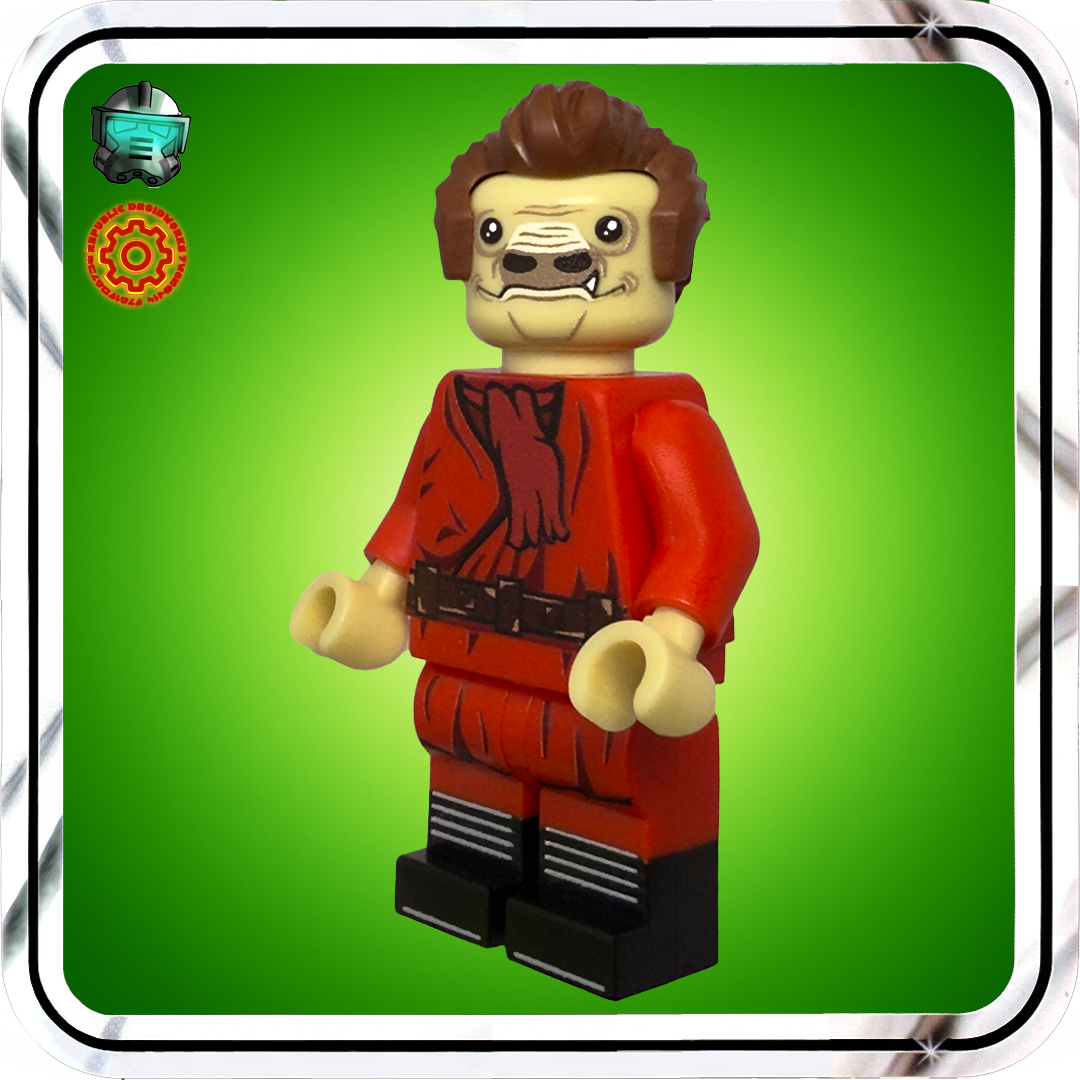 LEGO figure in red outfit on a green background
