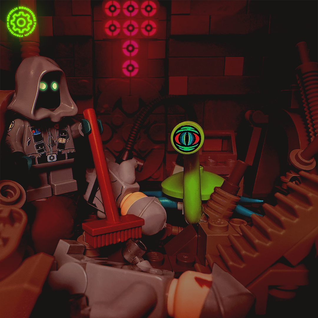 Toy figures in a dark, industrial setting with neon lights. IG artwork.
