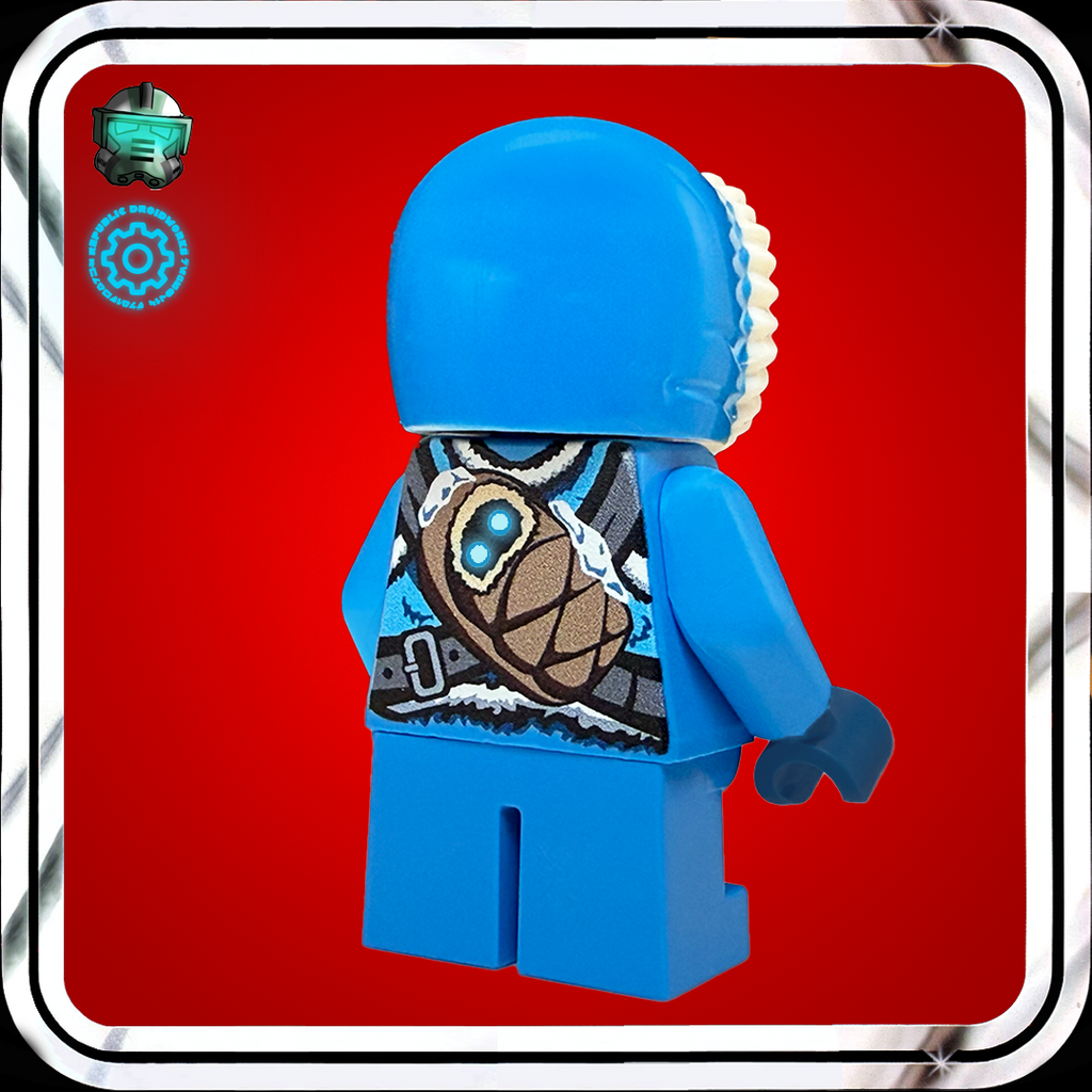 Blue LEGO figure with a red background