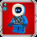 Blue LEGO figure with a white hood on a red background