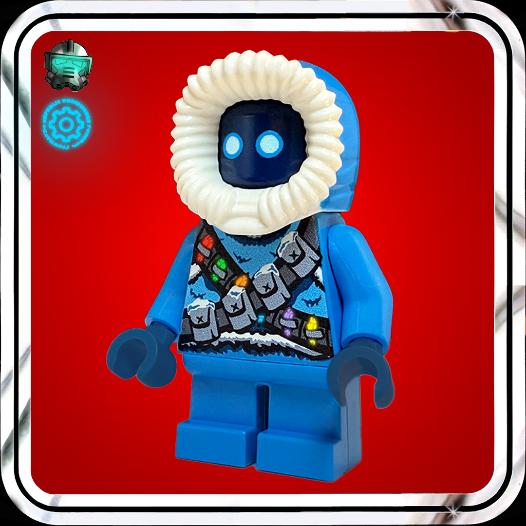 Blue LEGO figure with a white hood on a red background
