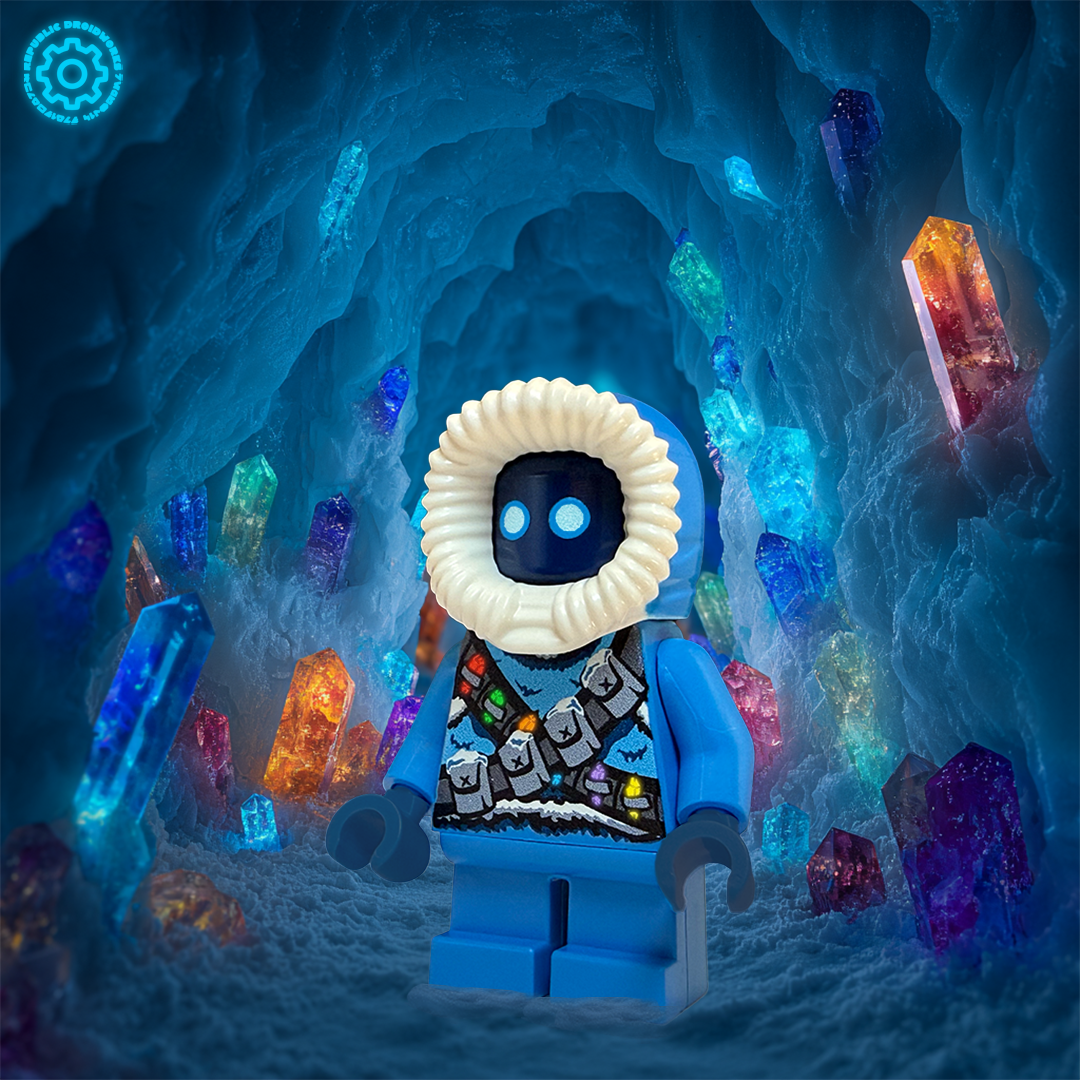 Toy figure with a white hood in a kyber mine with colorful kyber crystals