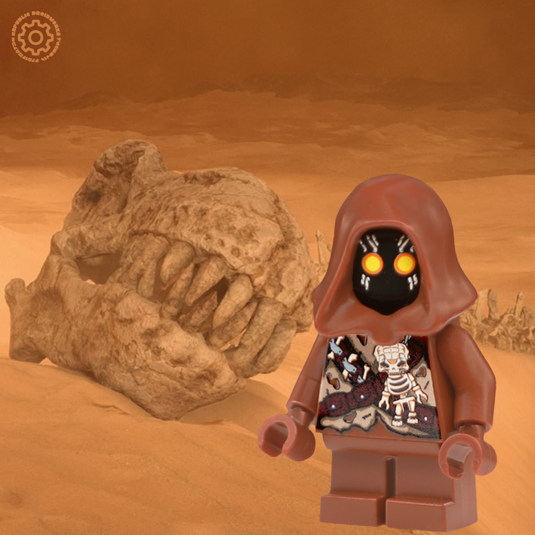 Toy figure in a desert setting with a large rock and Kraft dragon skeleton in a sandstorm on tatooine.