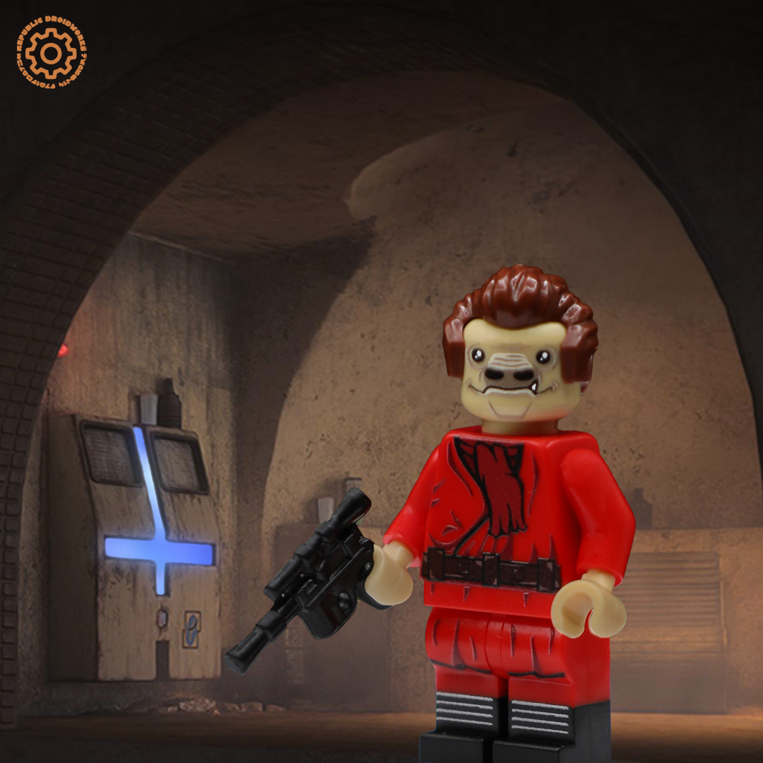 LEGO figure in a red outfit holding a DL-44 blaster in Chalmun’s spaceport casino.