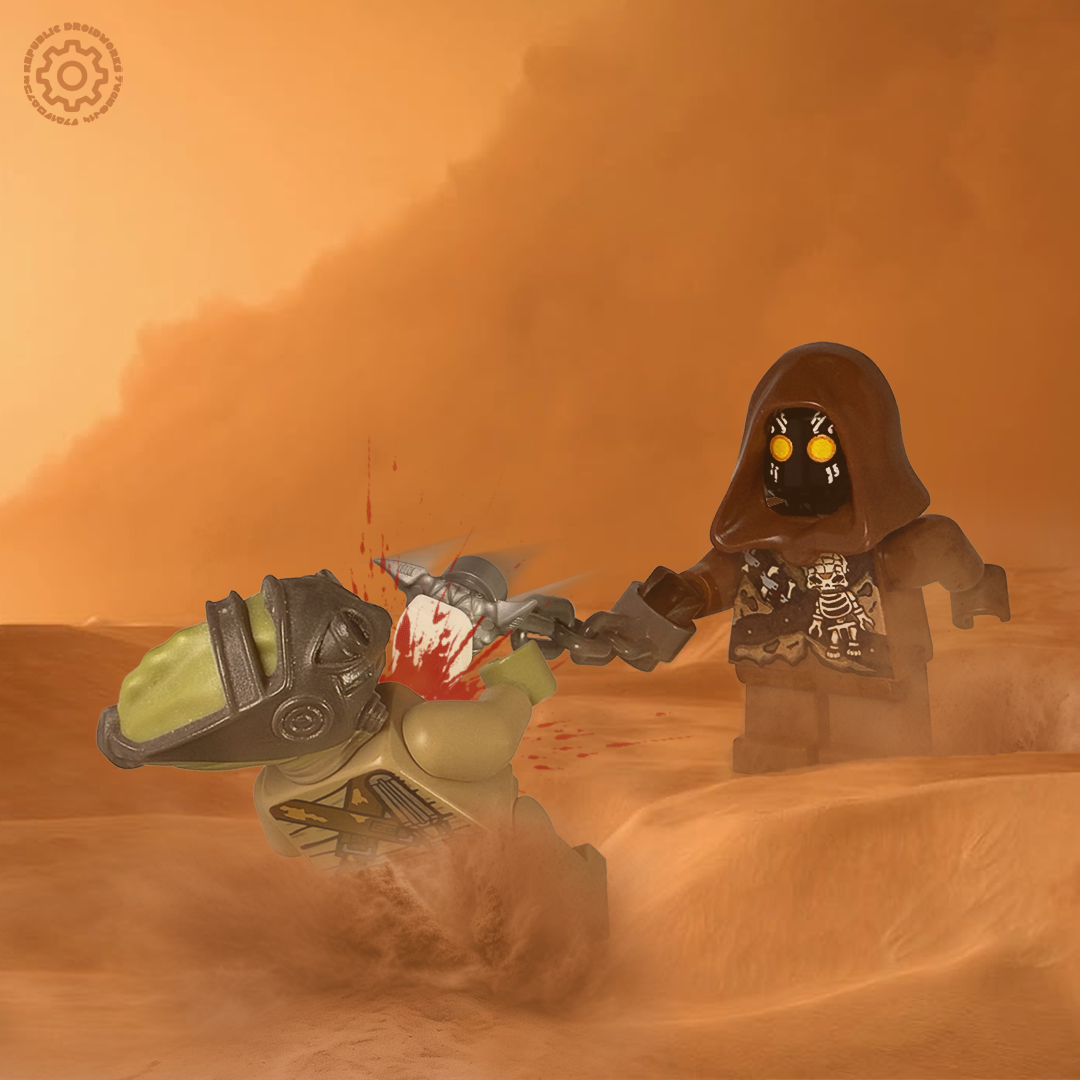 Two LEGO figures in a desert setting with an orange sky. Skull hunter guts Teedo in a desert skirmish.