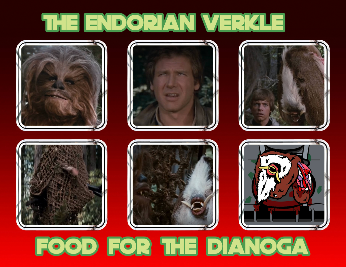 Collage of characters and text with a red background