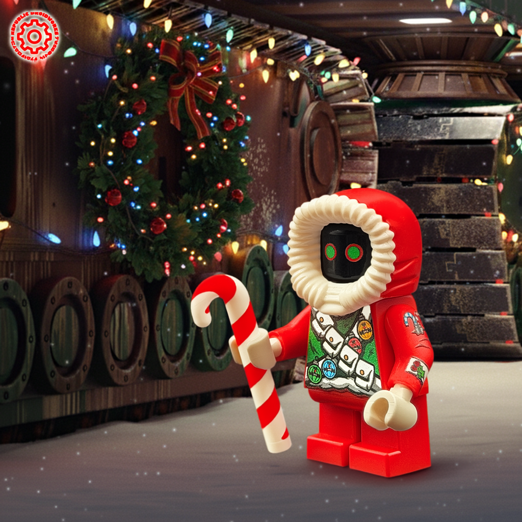 Toy figure in a festive outfit with candy cane, Christmas wreath, and Sandcrawler in background
